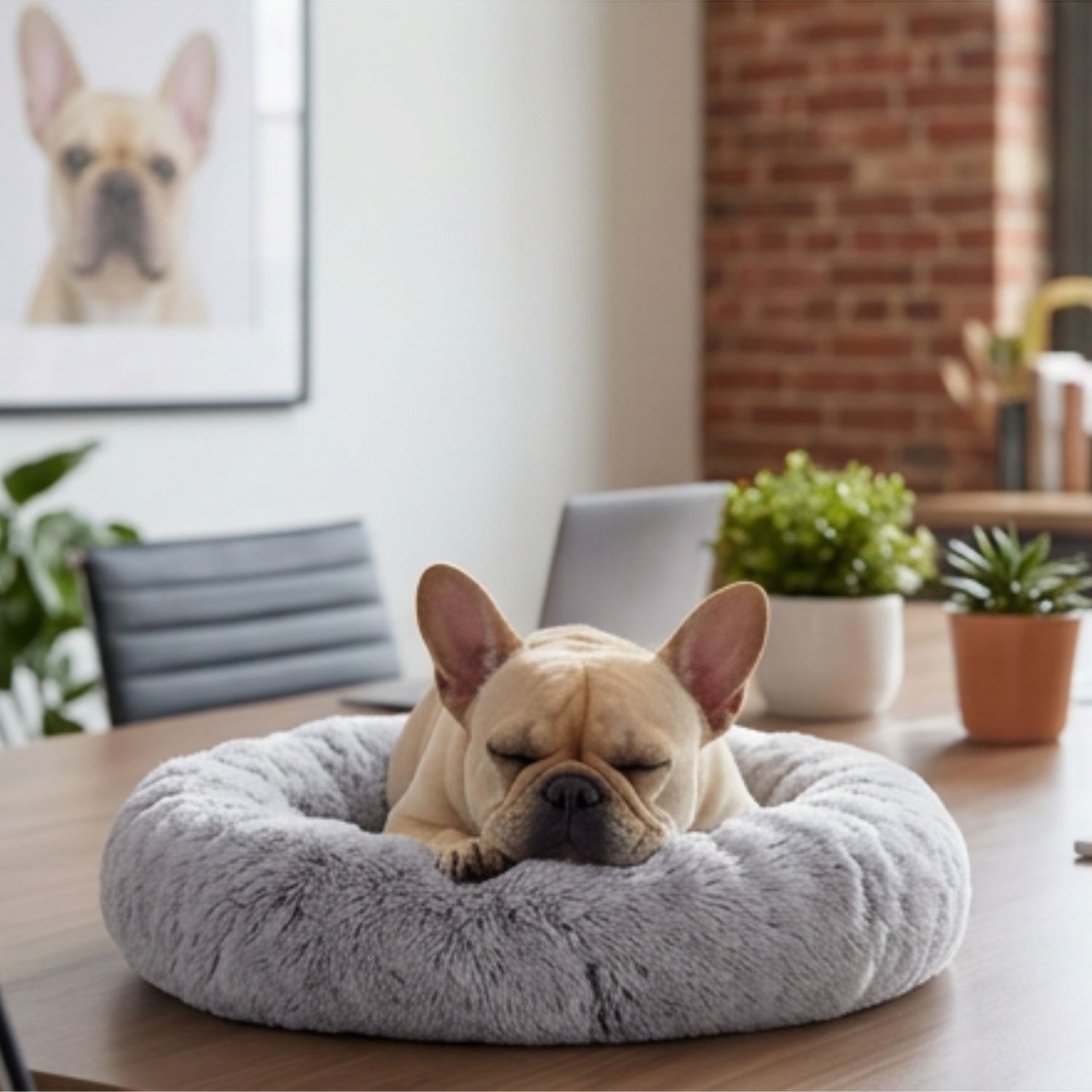 Fifi the French Bulldog asleep in a fluffy bed on the boardroom table