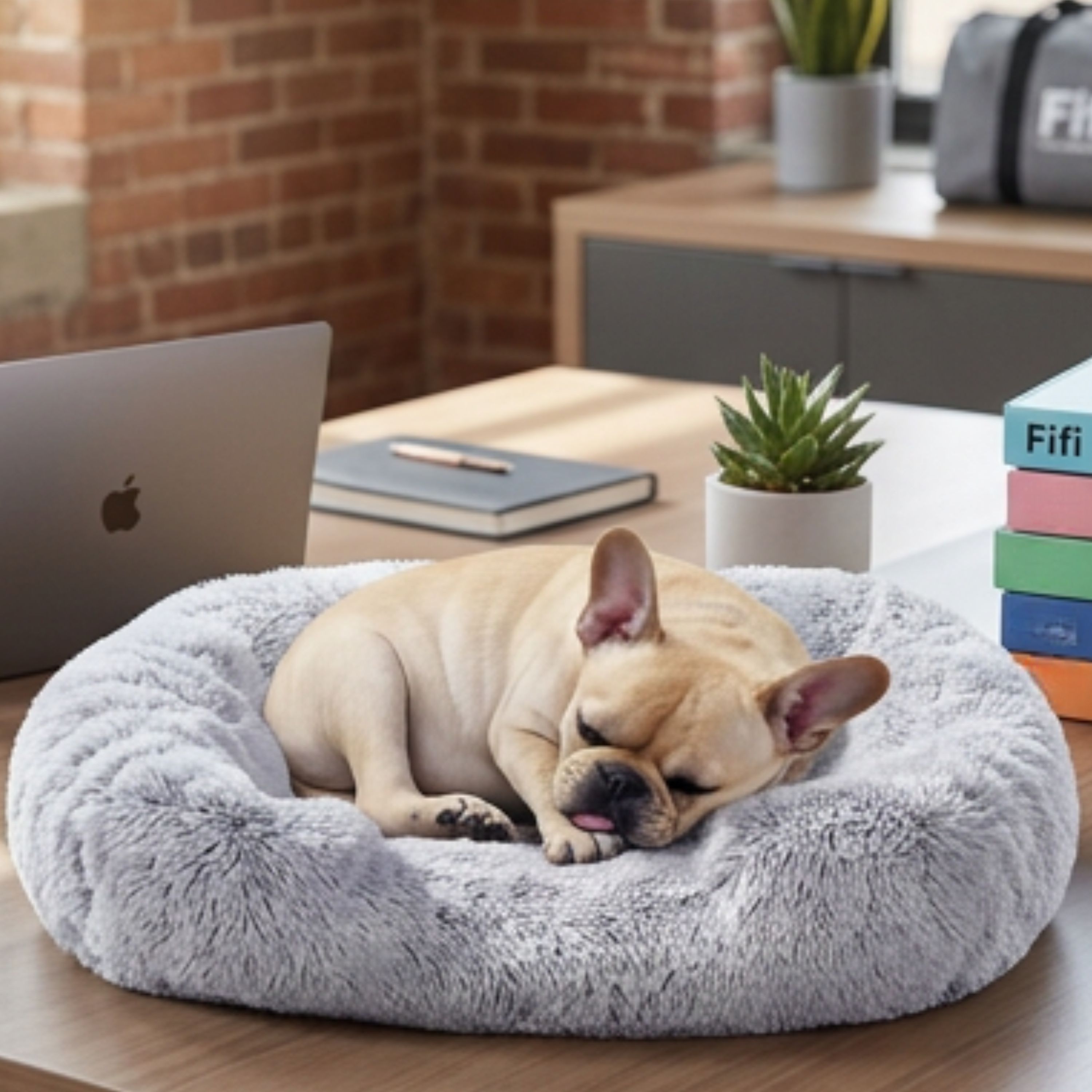Fifi the French Bulldog curled up asleep beside a desk